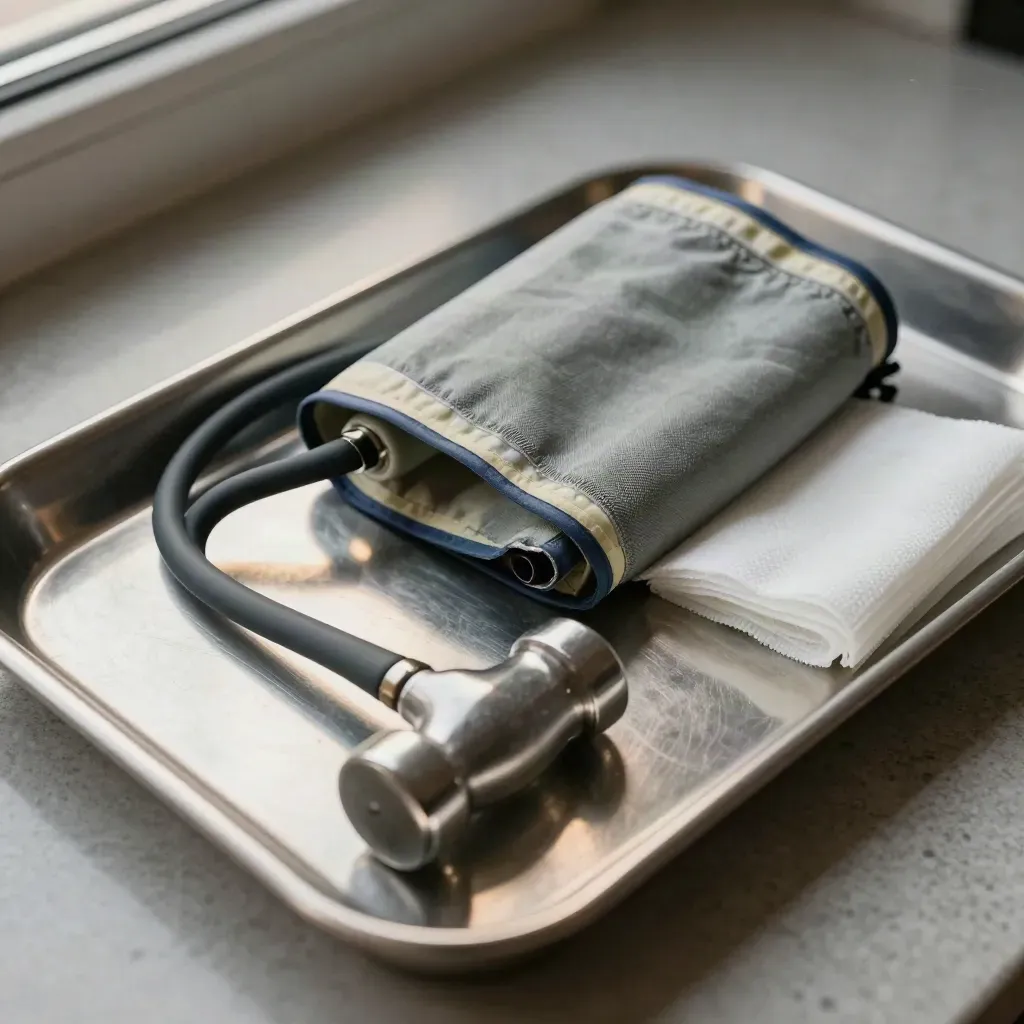 Blood-pressure cuff, reflex hammer and gauze on an aluminum tray in cool clinical light