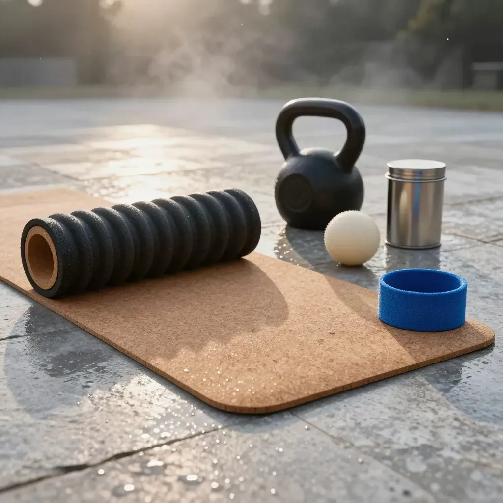 Wet fitness gear on stone at sunrise: mat, kettlebell, roller, tin, and misty light.