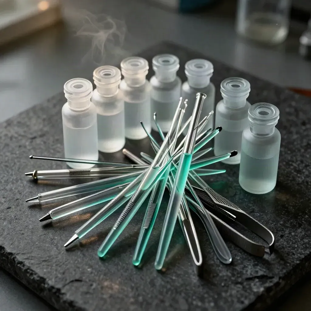 Glass pipettes, sample vials, and teal tweezers on dark stone in dramatic macro light.
