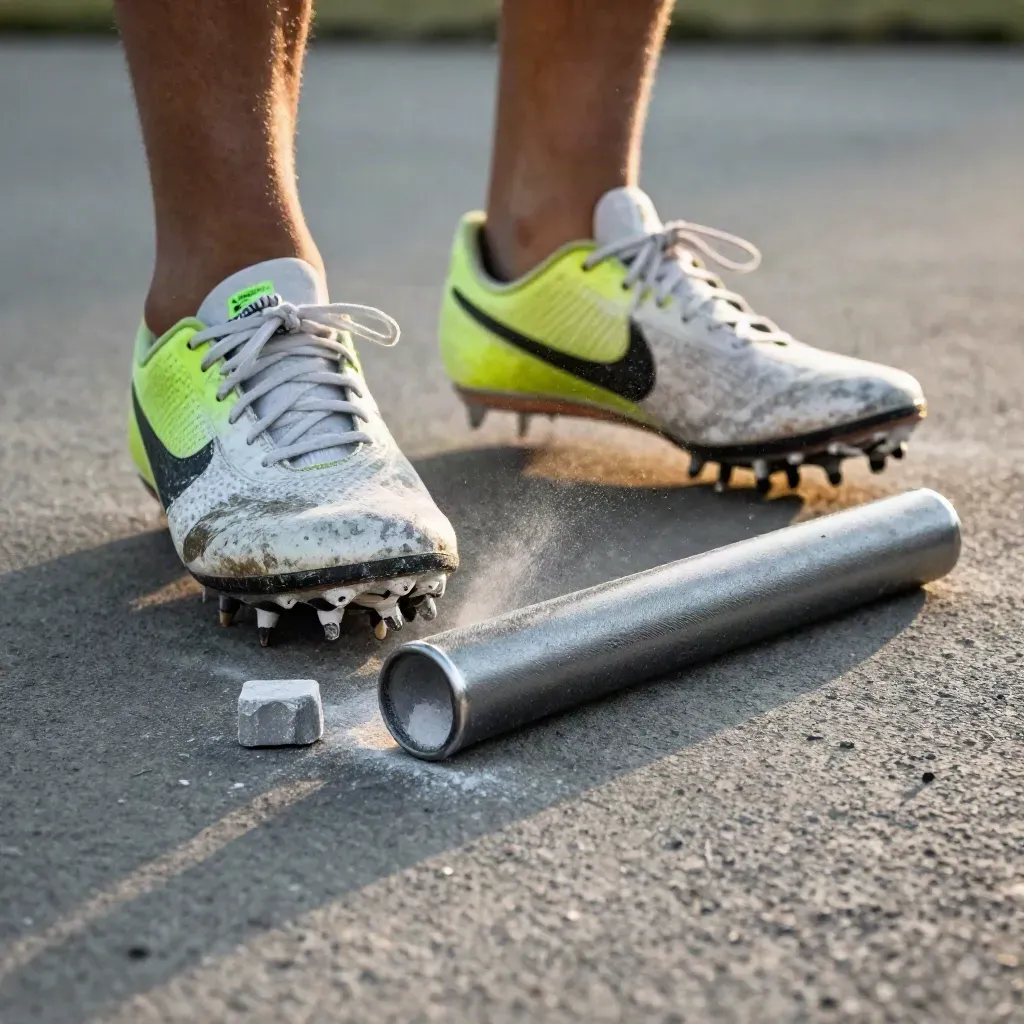 Track spikes, chalk block, and relay baton on raw concrete with drifting chalk dust.