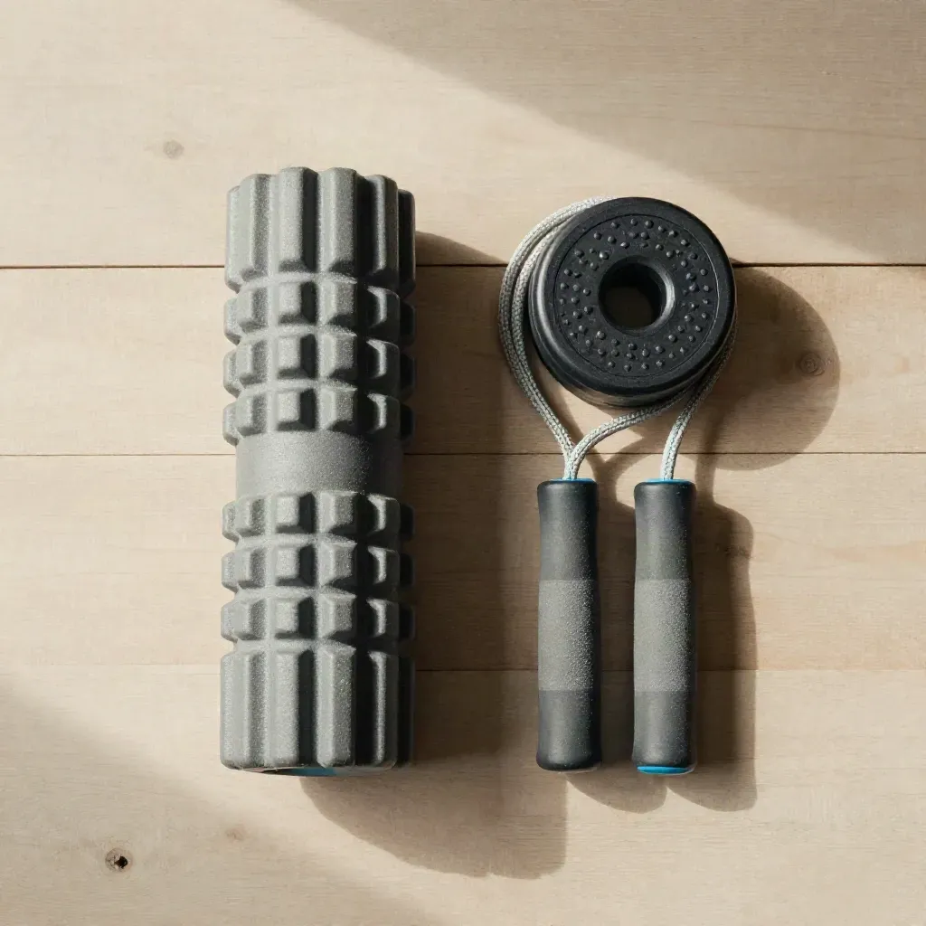 Foam roller, balance disc, and jump rope in a warm top-down fitness still life on pale wood.