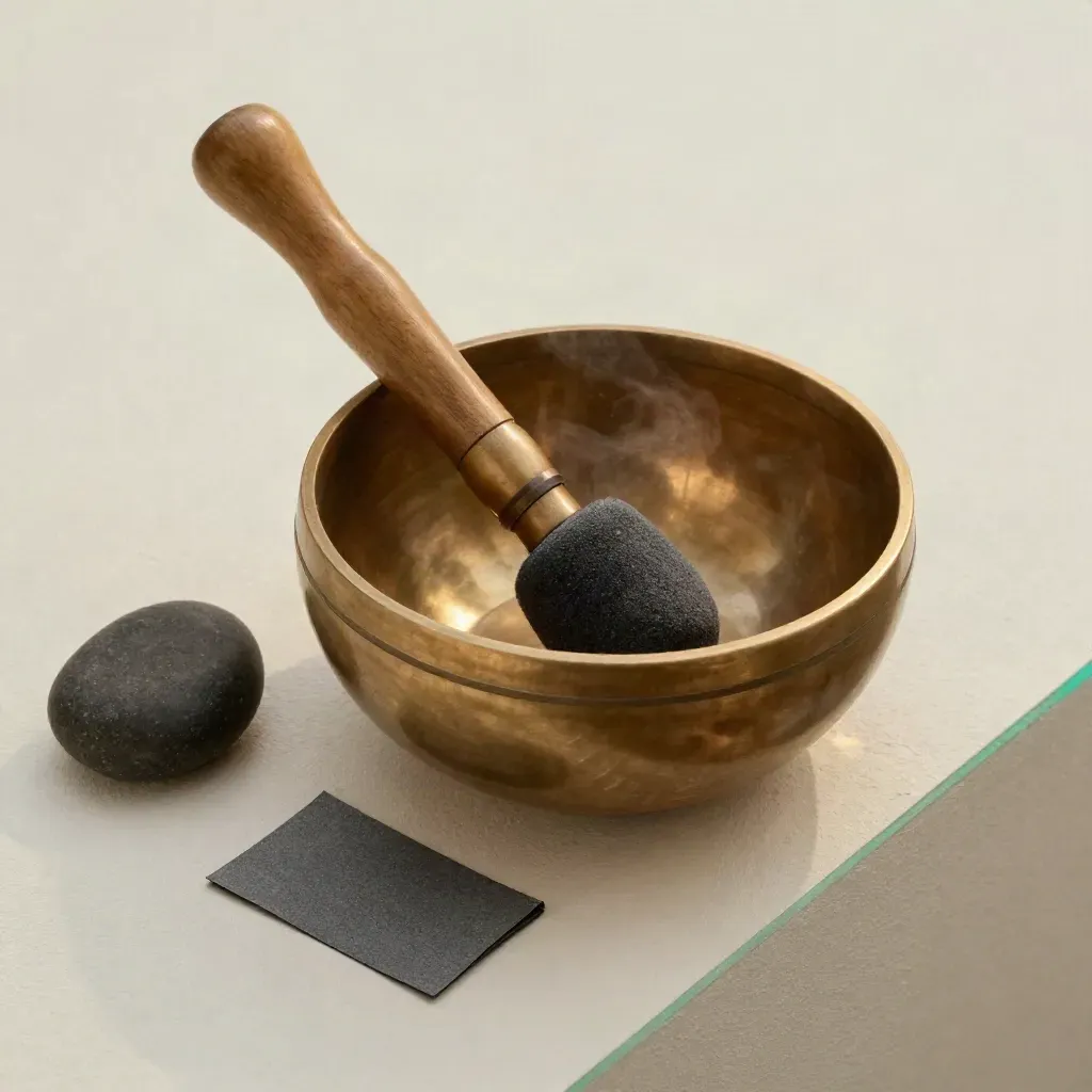 Brass singing bowl, felt striker, and meditation stone on plaster in dramatic top-down light