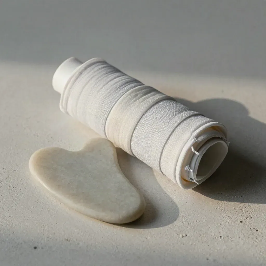 Compression wrap, gua sha stone and cold pack on honed plaster in cool clinical light.