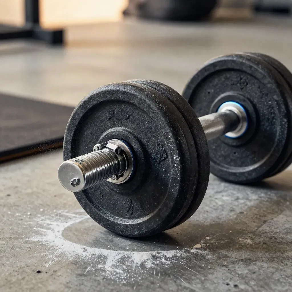 Adjustable dumbbell plates and collar with chalk cube on concrete gym floor