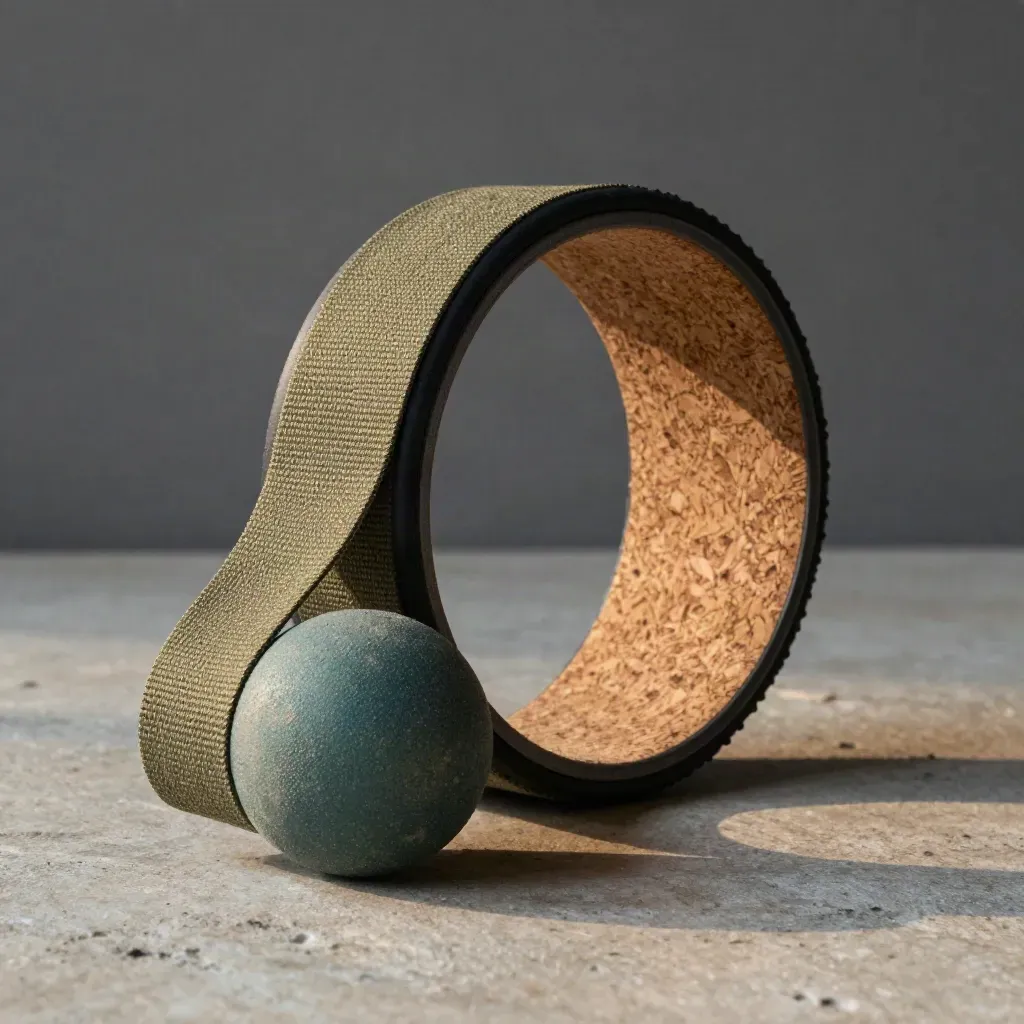 Cork yoga wheel, stretch strap, and massage sphere on pale stone in dramatic side light.