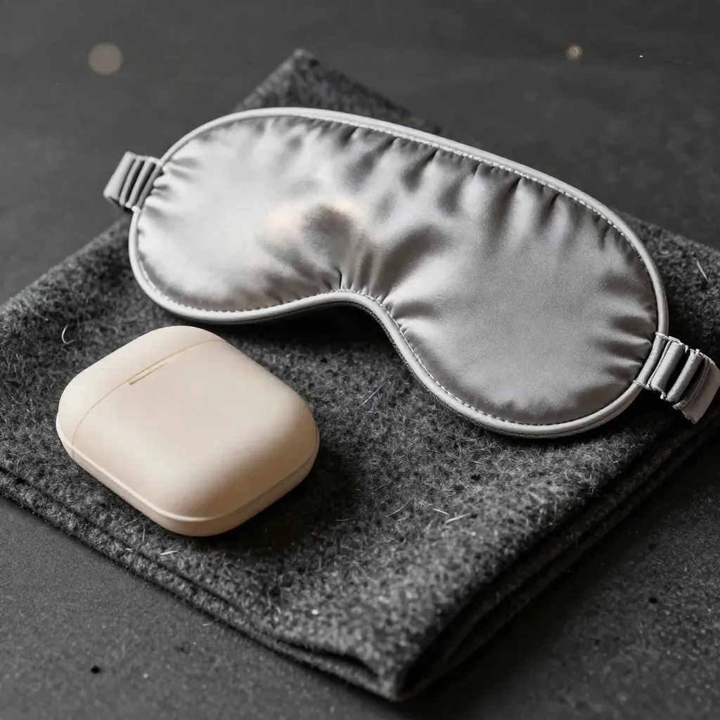 Sleep mask, earplugs case, and cooling eye pillow folded on charcoal felt under soft light.
