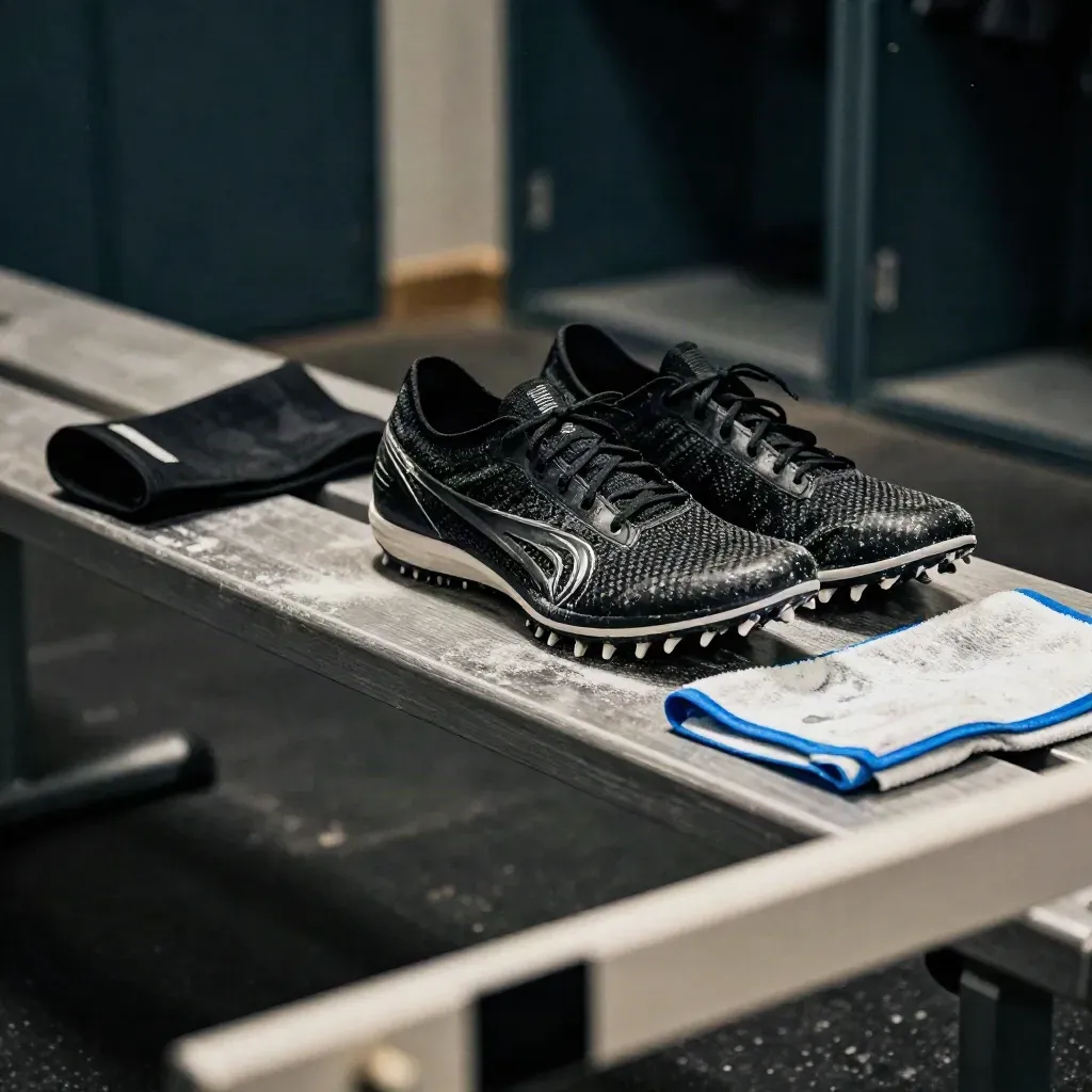 Running spikes, compression sleeve, and towel on a locker bench seen through a hurdle rail