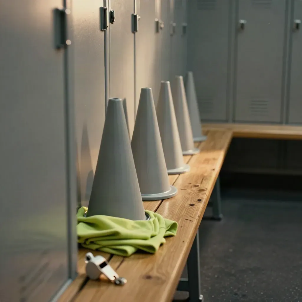 Whistle, training cones, and folded pinnies on a locker-room bench in dramatic light