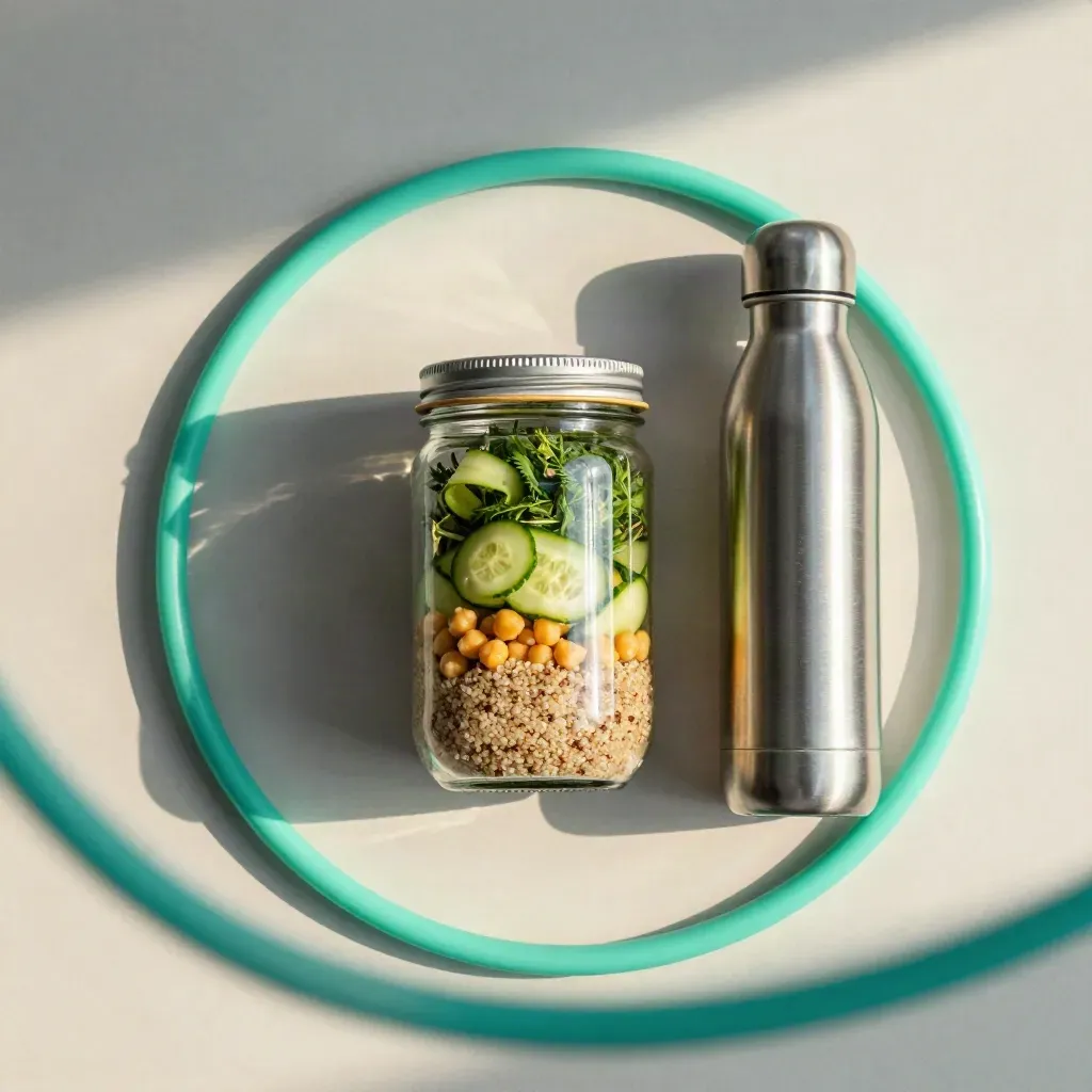 Top-down macro still life of resistance loop, lunch jar, and water bottle on maple.