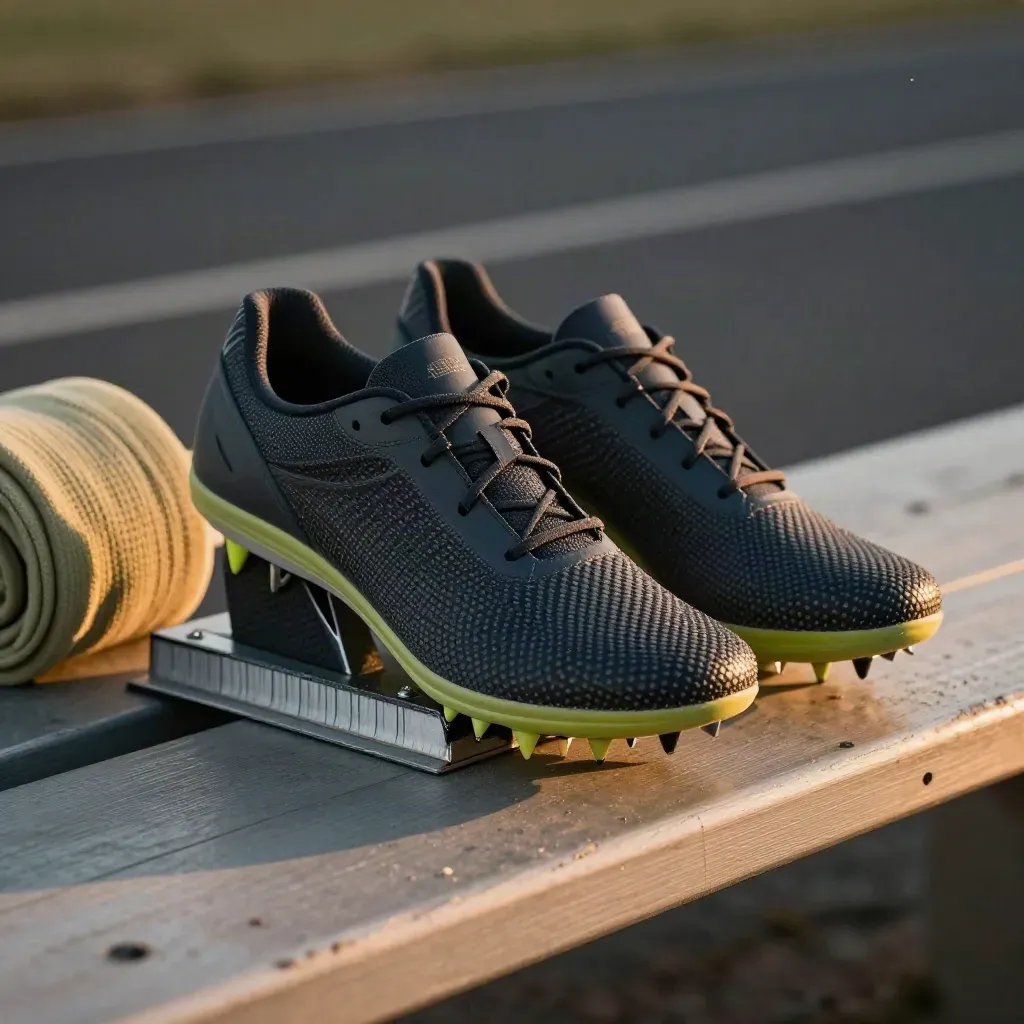 Carbon running spikes beside a starter block and rolled sleeve on a track bench at dusk.