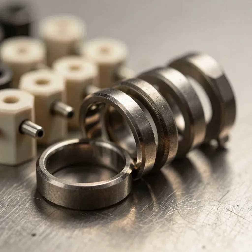 Macro metal connector rings and pins on brushed steel in a clean studio still life.