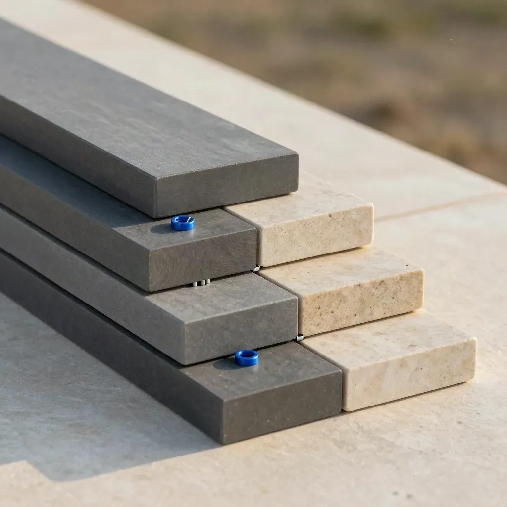Matte modular blocks and alignment pins stepping upward on pale stone with a blue accent.
