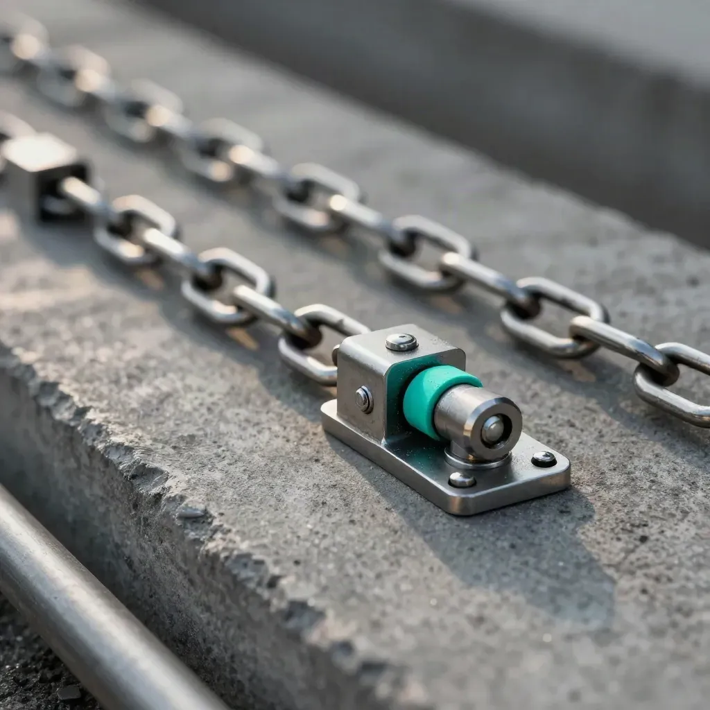 Diagonal close-up of metal brackets and connectors locked across concrete