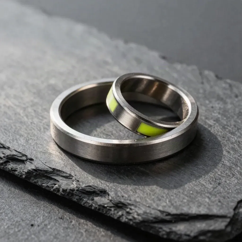 Nested metal rings and a coupling sleeve aligned on graphite slate under soft daylight.