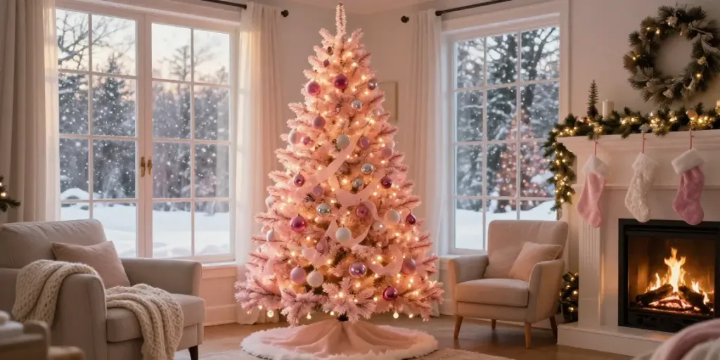 Beautiful pink pre lit xmas trees adorned with colorful ornaments in a cozy holiday living room.